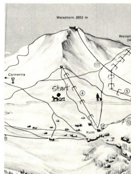 Detailed topographic map of the Arosa mountain area, focusing on the 'Start' area. It shows the 'Weisshorn' (2853m) and 'Weissshorn' (240m) peaks. The 'Start' area is marked with a dot and a line leading to 'Kulm'. Other locations shown include 'Carmenna', 'Mullboden', and 'Unterberg'. The map includes various contour lines and elevation markers.