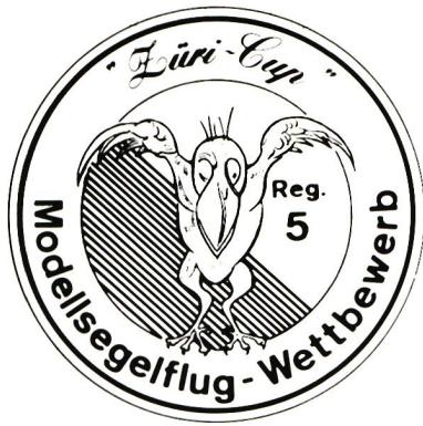 Circular logo for the 'Züri-Cup' Model Glider Competition. It features a stylized bird in the center, with the text 'Züri-Cup' at the top and 'Modellsegelflug-Wettbewerb' around the bottom. 'Reg. 5' is written to the right of the bird.