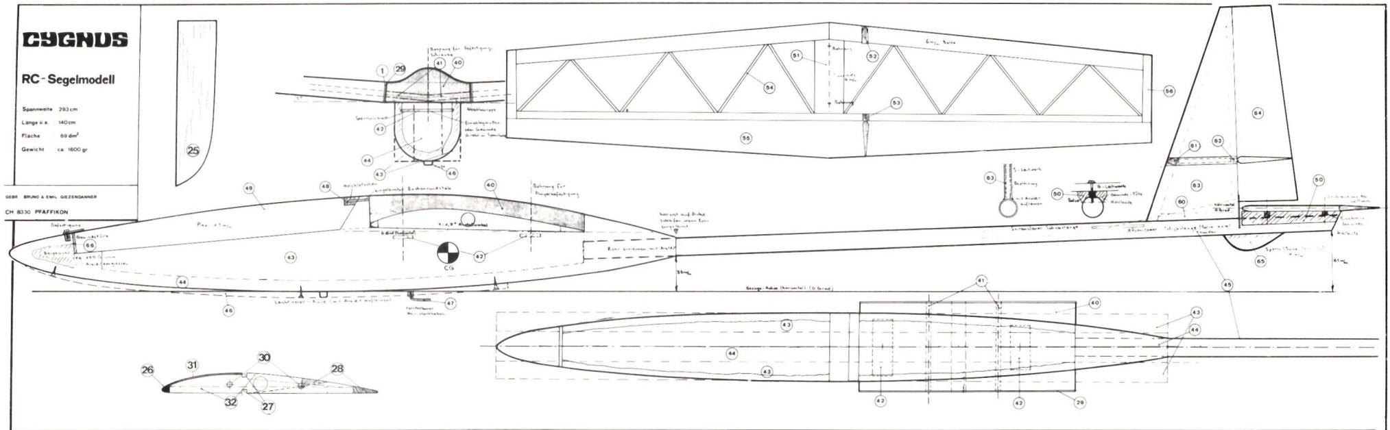 Technical drawing of the Cygnus RC sailplane showing top, side, and detail views with numbered callouts.