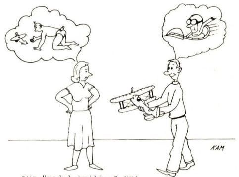 A cartoon illustration showing a man and a woman standing next to a small model airplane. The man is holding the plane, and the woman is looking at it. Above them are two thought bubbles: one showing a person flying a plane, and another showing a person reading a book. The signature 'KAM' is visible in the bottom right corner of the illustration.