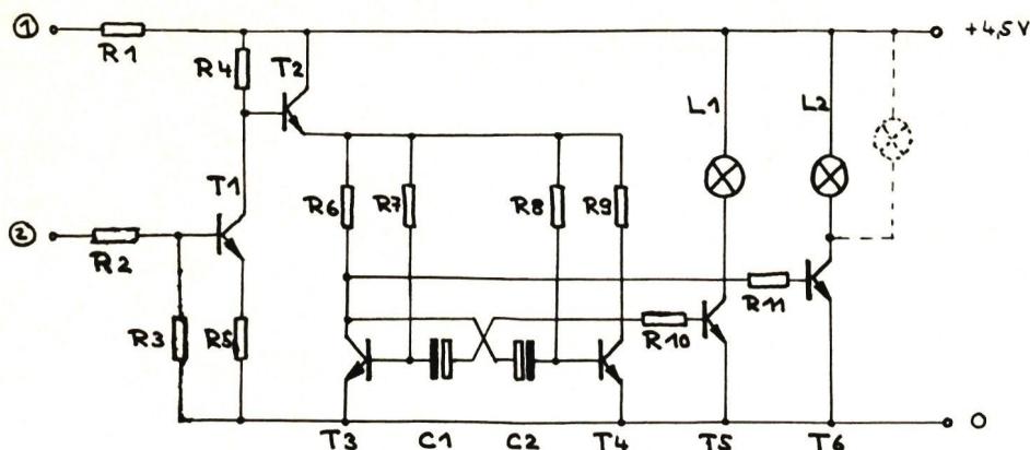 Circuit diagram of an electronic circuit. It features two NPN transistors, T1 and T2, in a Darlington-like configuration. T1's base is connected to input 2 through R2, with R3 and R5 forming a voltage divider. T2's base is connected to input 1 through R1, with R4 forming a voltage divider. The collector of T1 is connected to the base of T2. A bridge circuit with resistors R6, R7, R8, and R9 is connected between the emitters of T1 and T2. Two capacitors, C1 and C2, are connected in parallel between the emitters of T3 and T4. Two inductors, L1 and L2, are connected in parallel between the emitters of T5 and T6. Two resistors, R10 and R11, are connected in parallel between the emitters of T5 and T6. The circuit is powered by a 4.5V source and includes two indicator lamps, L1 and L2, connected in parallel to the 4.5V source.