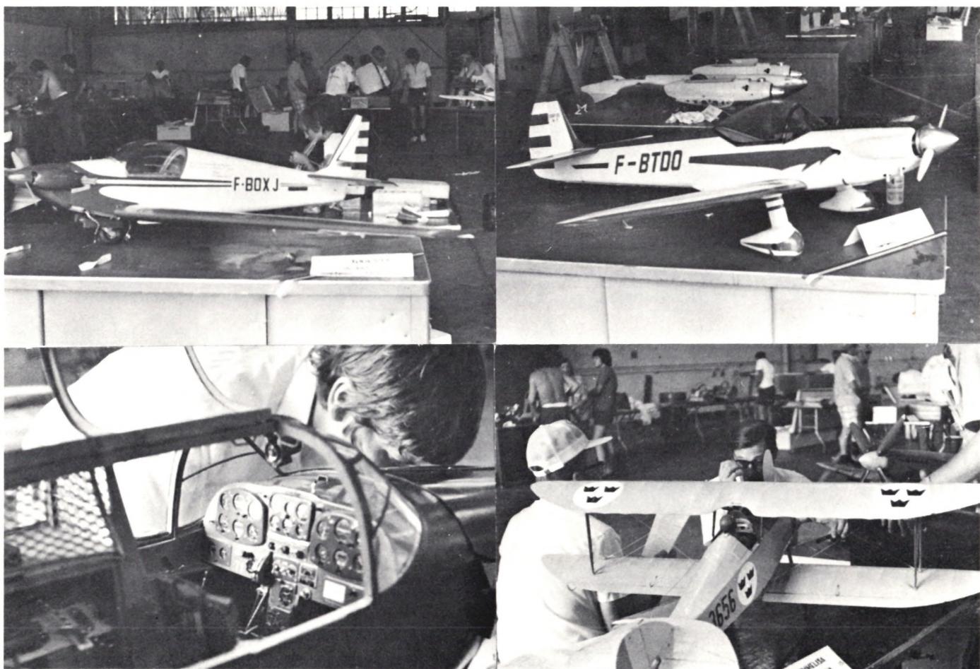 Oben: Von links nach rechts: Fournier des Franzosen Jaques Lang mit FMO Boxer Twin 61-Motor. CAP 20 von René Fouquereau, Frankreich. Unten: Blick ins Cockpit des metallbeplankten Shinn 2150A des Kanadiers Gerald R. Fingler. Doppeldecker ÖV 1-Tummelsia von Göran Kaldéren, Schweden.
