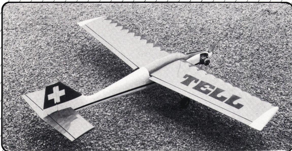 A black and white photograph of a white model airplane with a high aspect ratio wing, lying on a gravel surface. The word 'TELL' is printed in large, bold, black letters on the underside of the right wing. The tail fin features a black cross symbol on a white background. The aircraft has a small propeller at the rear.