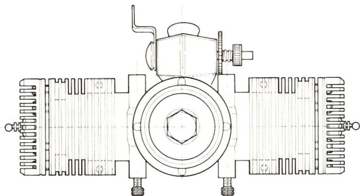 Technical line drawing of the Ross-Twin 60 engine from a top-down perspective, showing the central cylinder, cooling fins, and various adjustment screws.